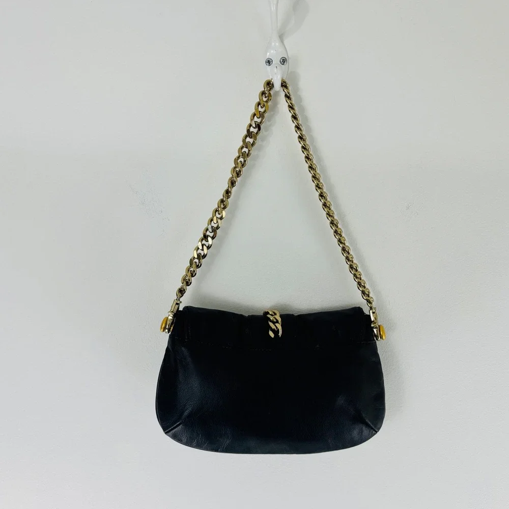 Wilsons Leather Black Leather Bag Shoulder or Clutch Gold Chain Rhinestone Crown